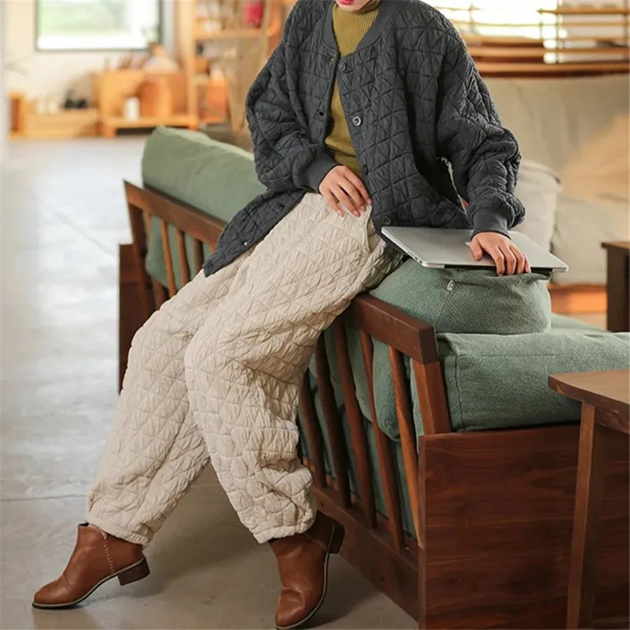 Womens Loose Quilted Cotton Harem Pants Solid High Waist