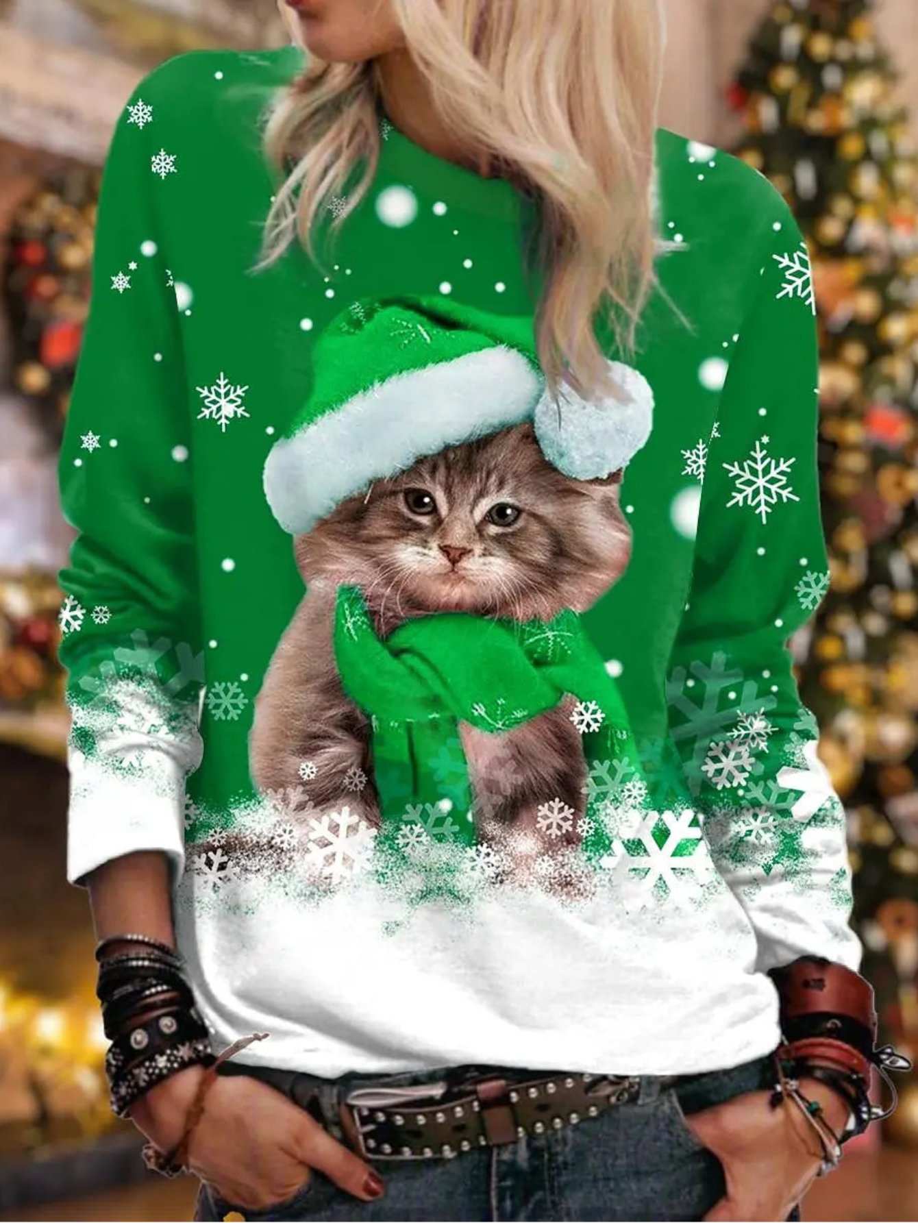 Christmas Cute Kitten With Santa Hat Print Sweatshirt