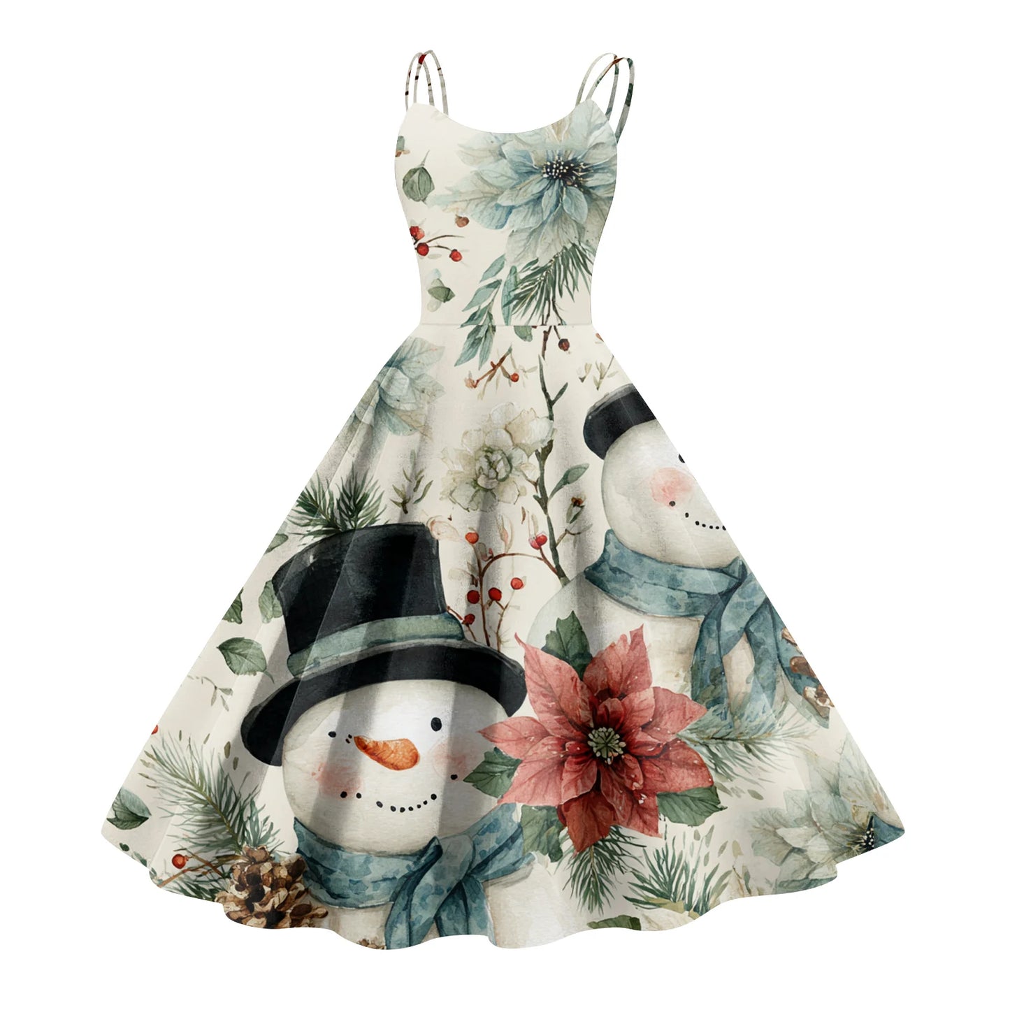 Women Christmas Print Spaghetti Strap Polyester Dress