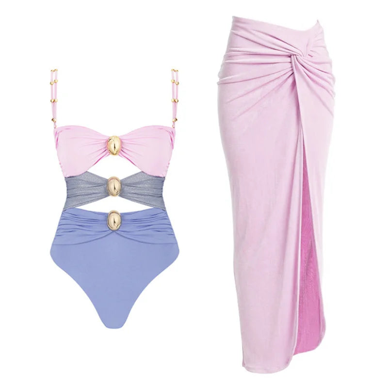 Flower Ruffle Swimsuit With Cover Up V Neck Bikini