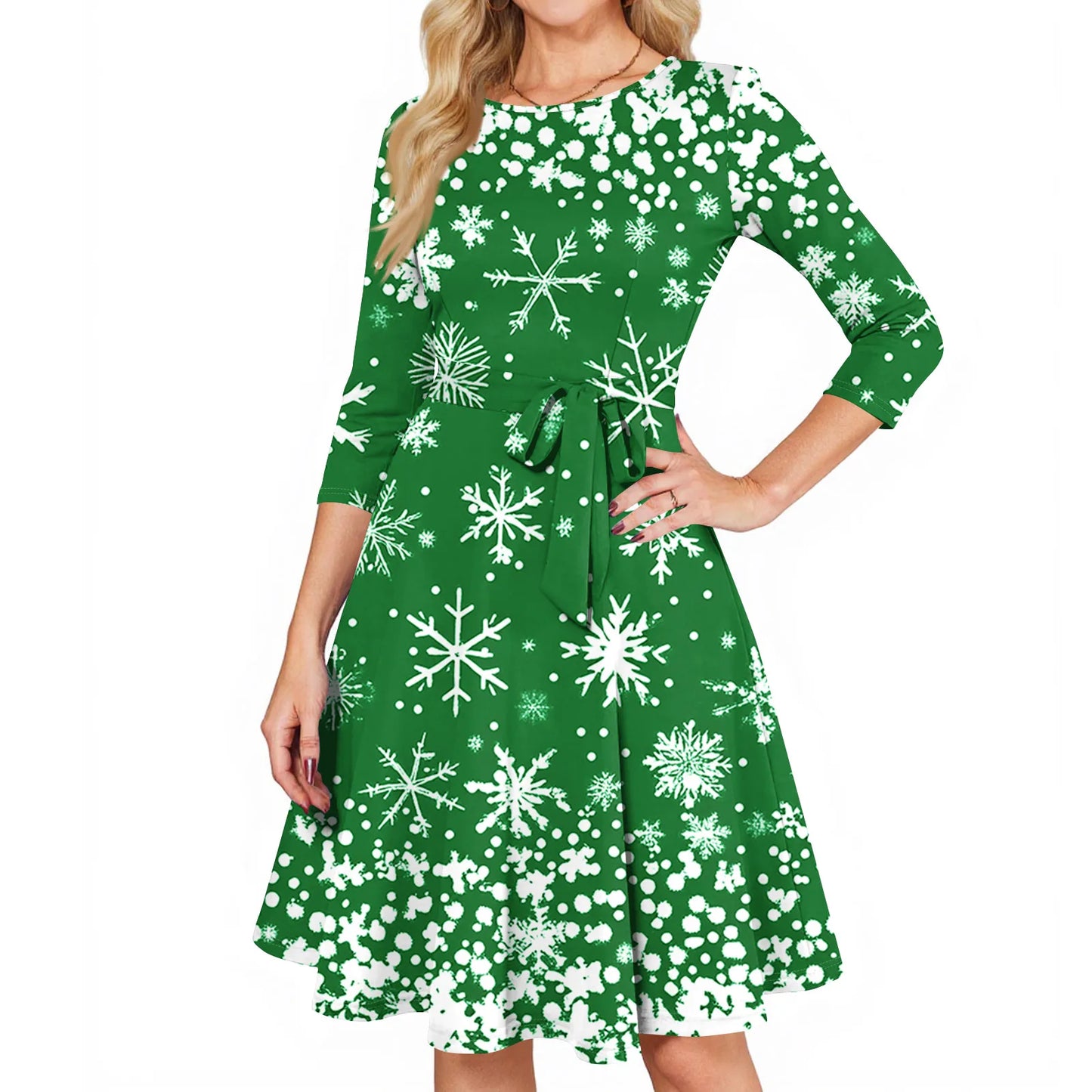 Women's A Line O Neck Polyester Dress Christmas Print Slim