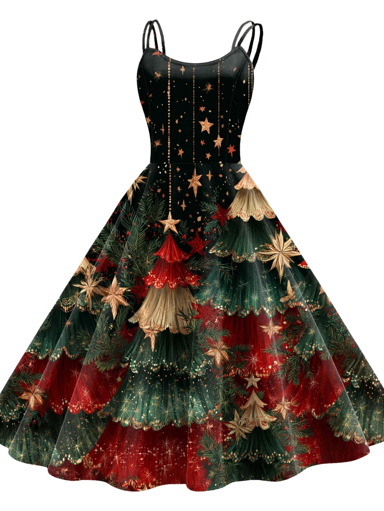 Retro Paint Print Christmas Tree Sleeveless Midi Dress