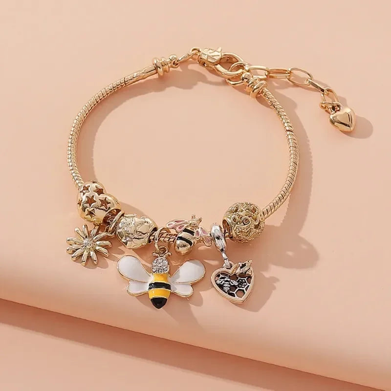 Bee Pendant Beaded Chain Bracelet Stainless Steel For Women
