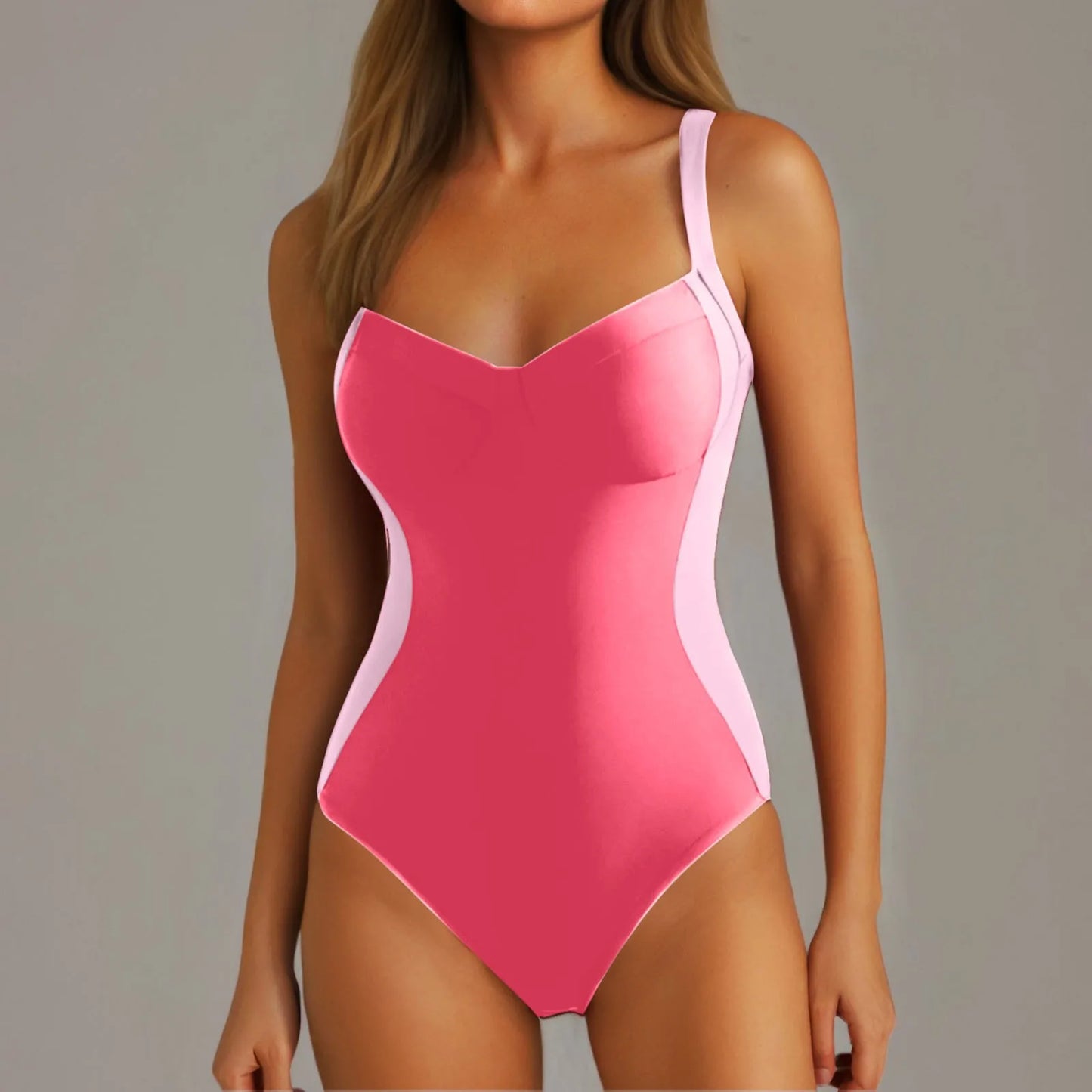 Contrast One-Piece Swimsuit – Push-Up Bathing Suit with Suspender Straps