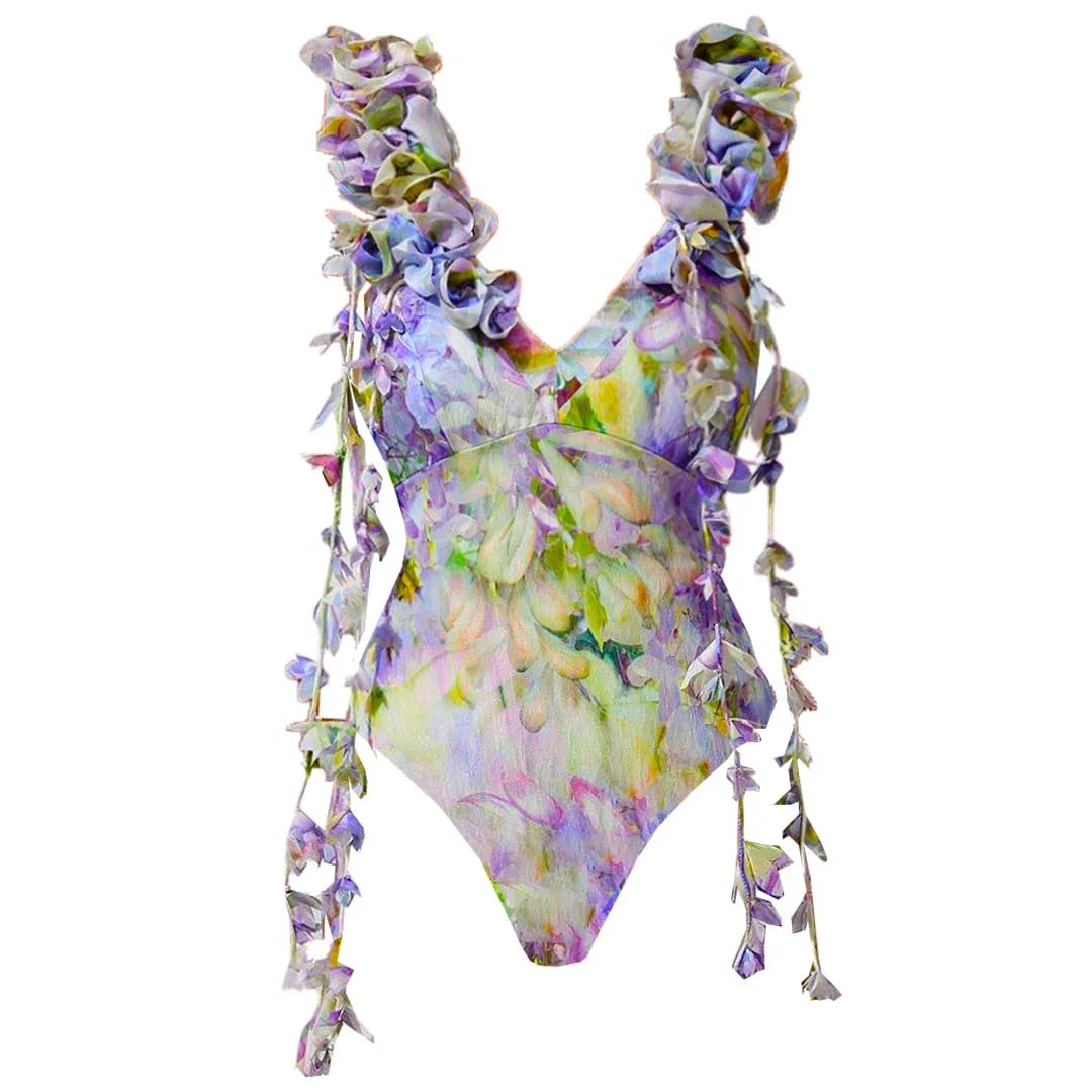 Flower Ruffle Swimsuit With Cover Up V Neck Bikini