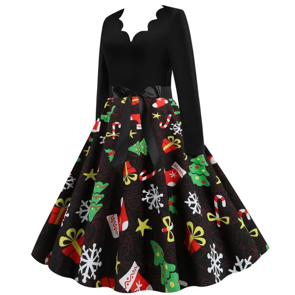Women's Slim Fit Christmas Print Long Sleeve Dress Polyester