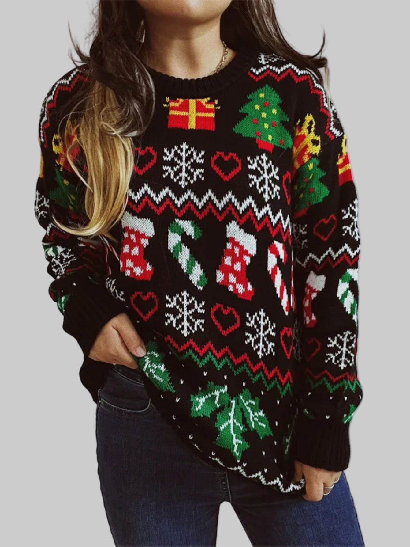 Christmas Snowflake, Trees, Stockings Long Knitted Sweater