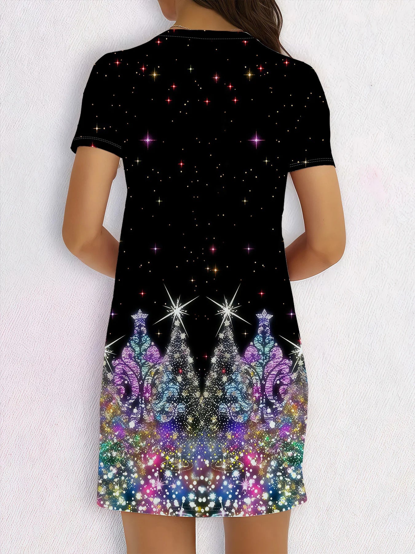 Women's A Line Polyester Christmas Tree Print Short Sleeve