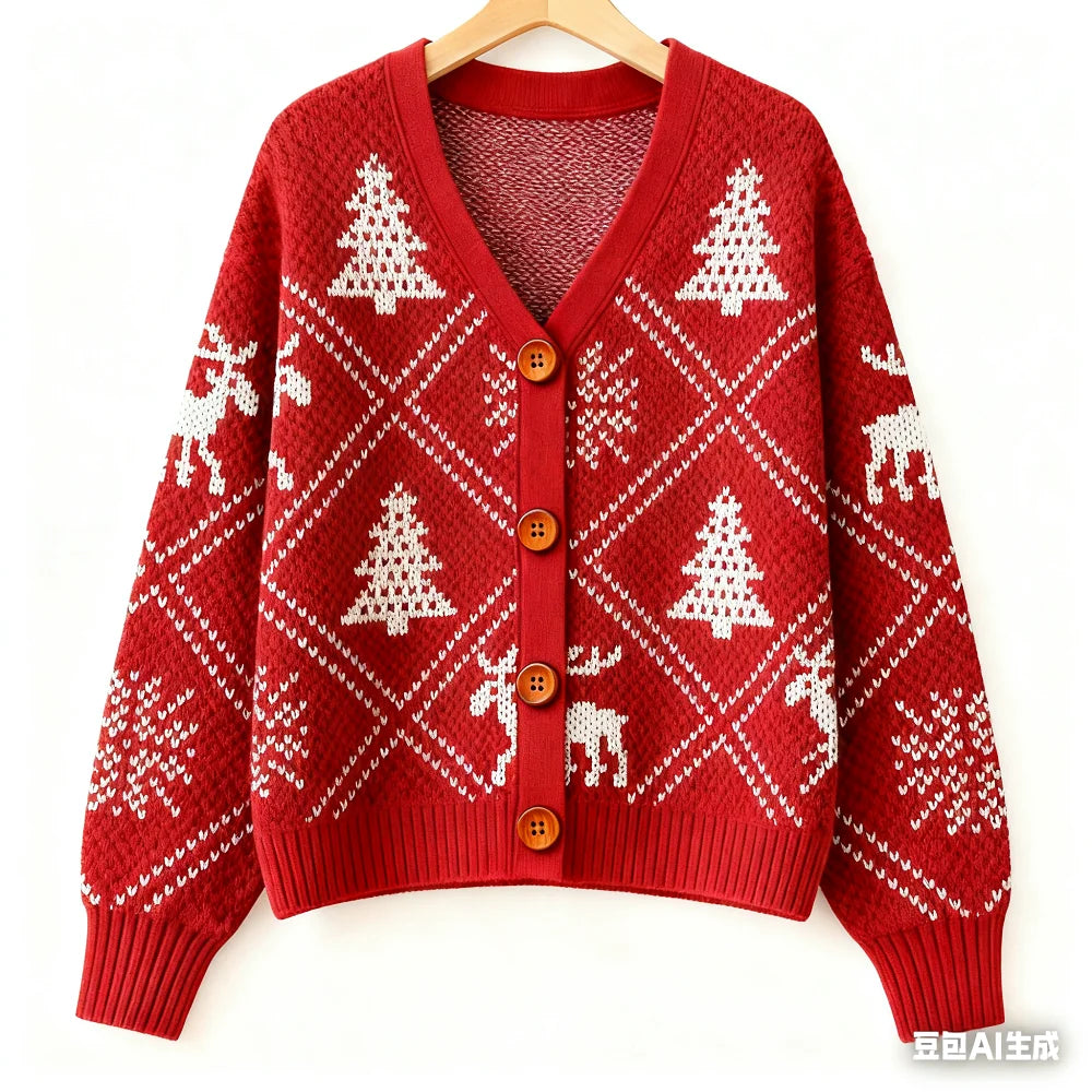 Vintage Christmas Printed Cardigan