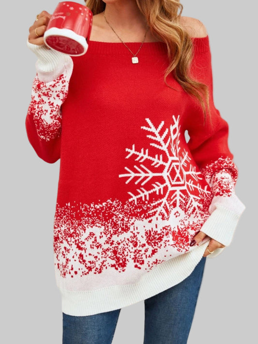 Winter Off Shoulder Long Sweater With Snowflake Pattern
