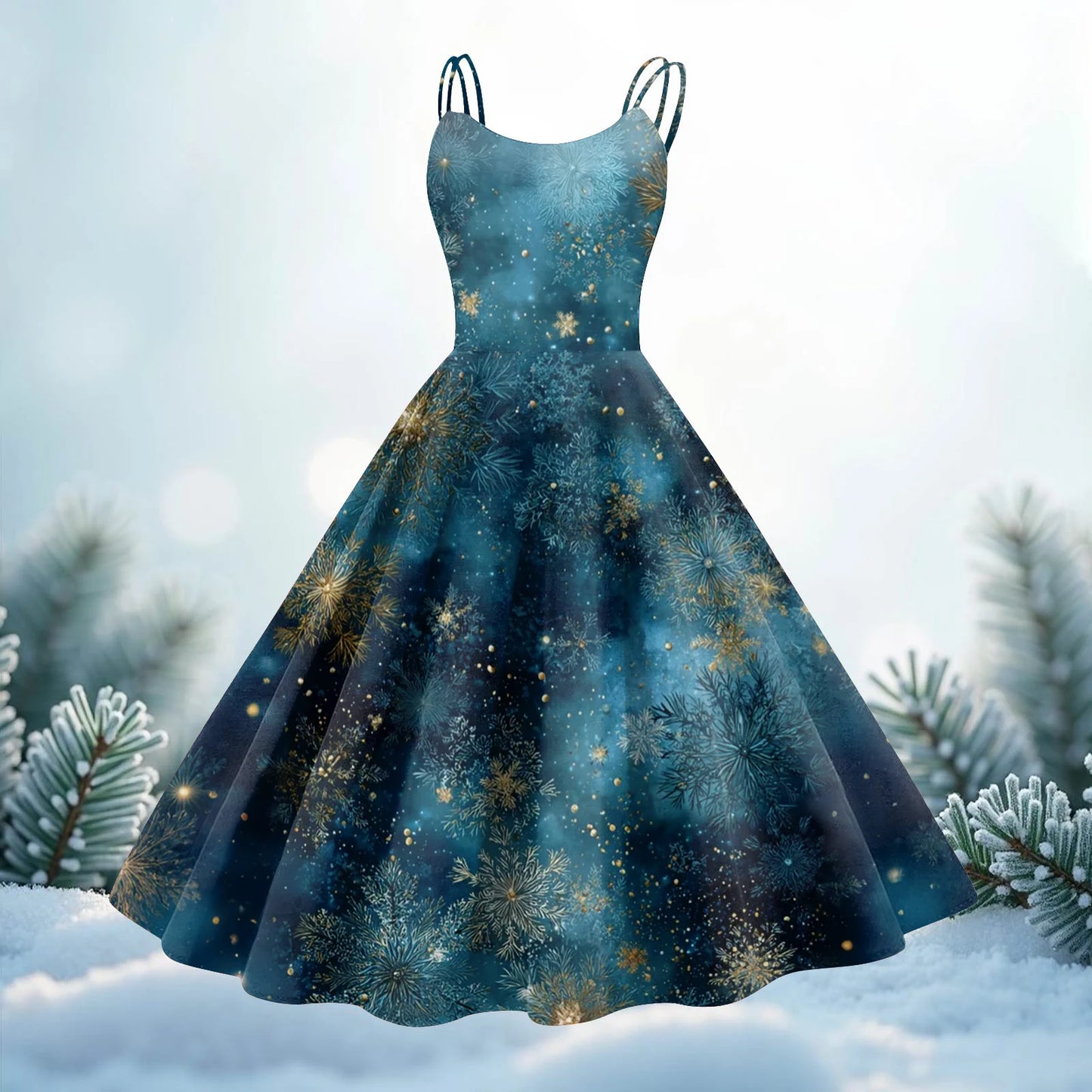 Round Neck Polyester Christmas Print Women's Loose Dress