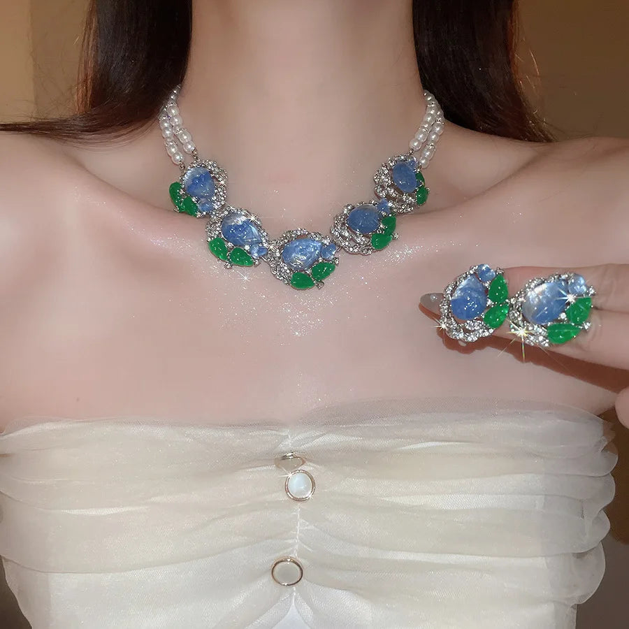 Flower Teardrop Pearl Necklace And Earrings