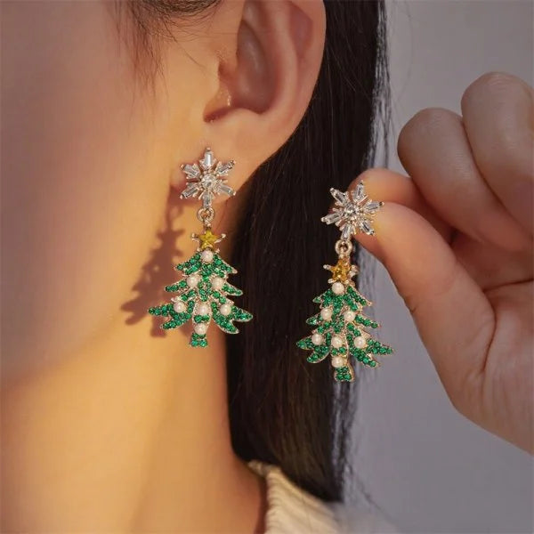Christmas Tree & Bells Zircon Crystal Earrings Silver Tone