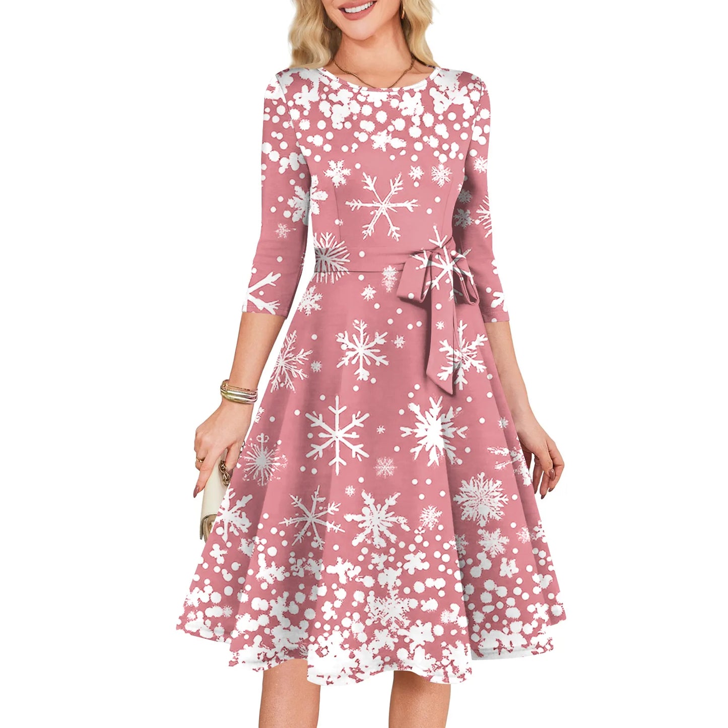 Women's A Line O Neck Polyester Dress Christmas Print Slim