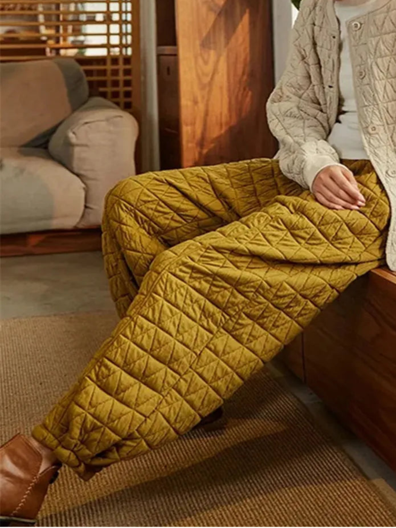 Womens Loose Quilted Cotton Harem Pants Solid High Waist