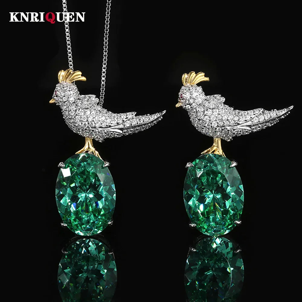 Green Tourmaline Gemstone Magpie Pendant Necklace Brooch Set