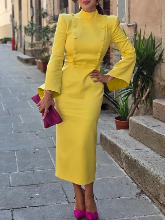 Stand Collar Formal Office Midi Dress With Flared Sleeves