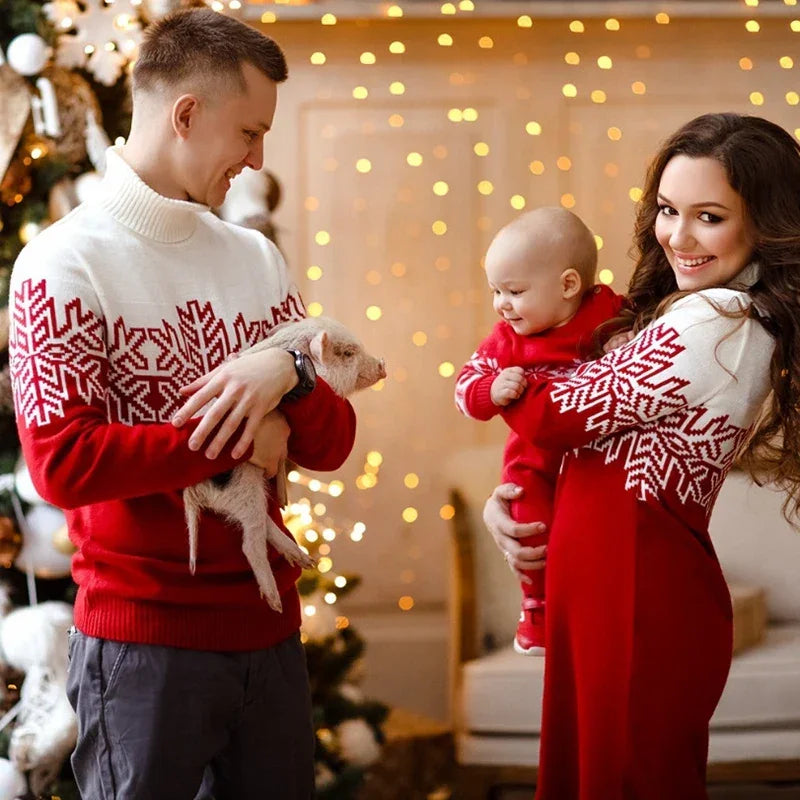 Family Matching Snowflake Wool Knit Turtleneck Relaxed Fit Sweater