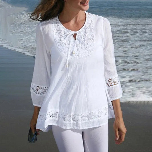 Cotton Linen Lace Splice Top – Women’s 3/4 Sleeve Casual Tunic