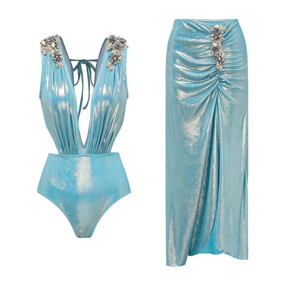 Flower Ruffle Swimsuit With Cover Up V Neck Bikini