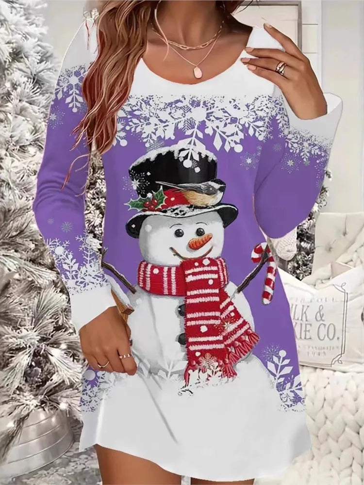 Women's Christmas Casual Snowflake And Christmas Tree Print Dress