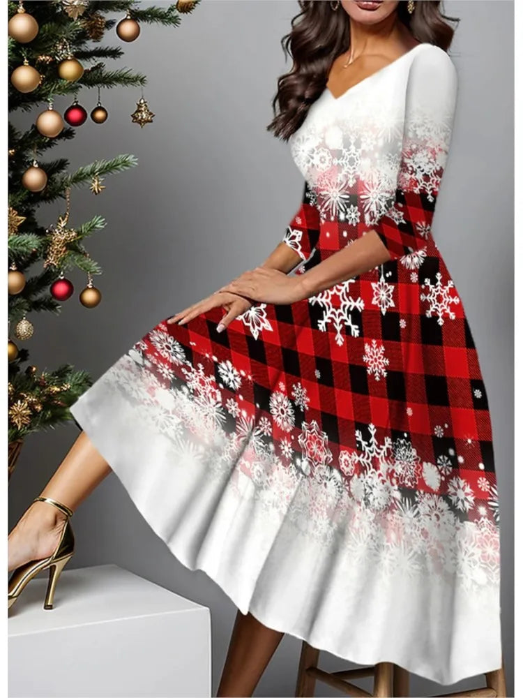 Slim V-Neck Snowflake Print Polyester Dress Womens