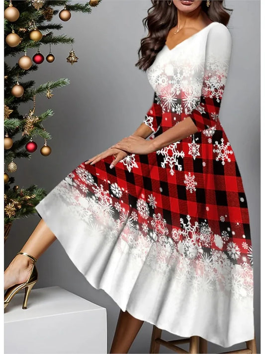 Slim V-Neck Snowflake Print Polyester Dress Womens