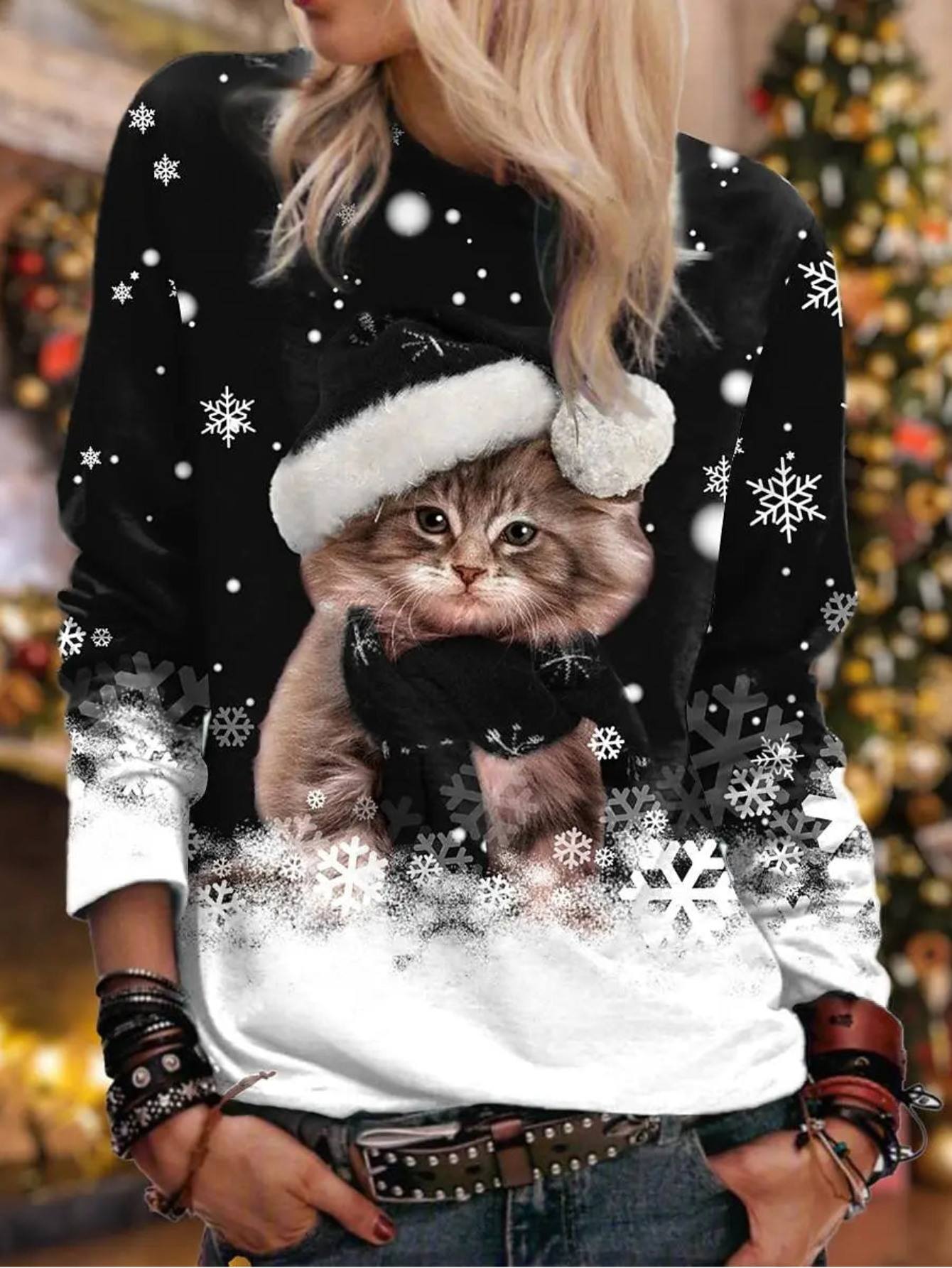 Christmas Cute Kitten With Santa Hat Print Sweatshirt