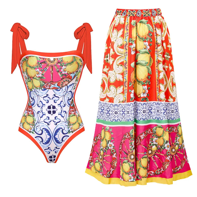 Mosaic Print One-Piece Swimsuit & Skirt Set