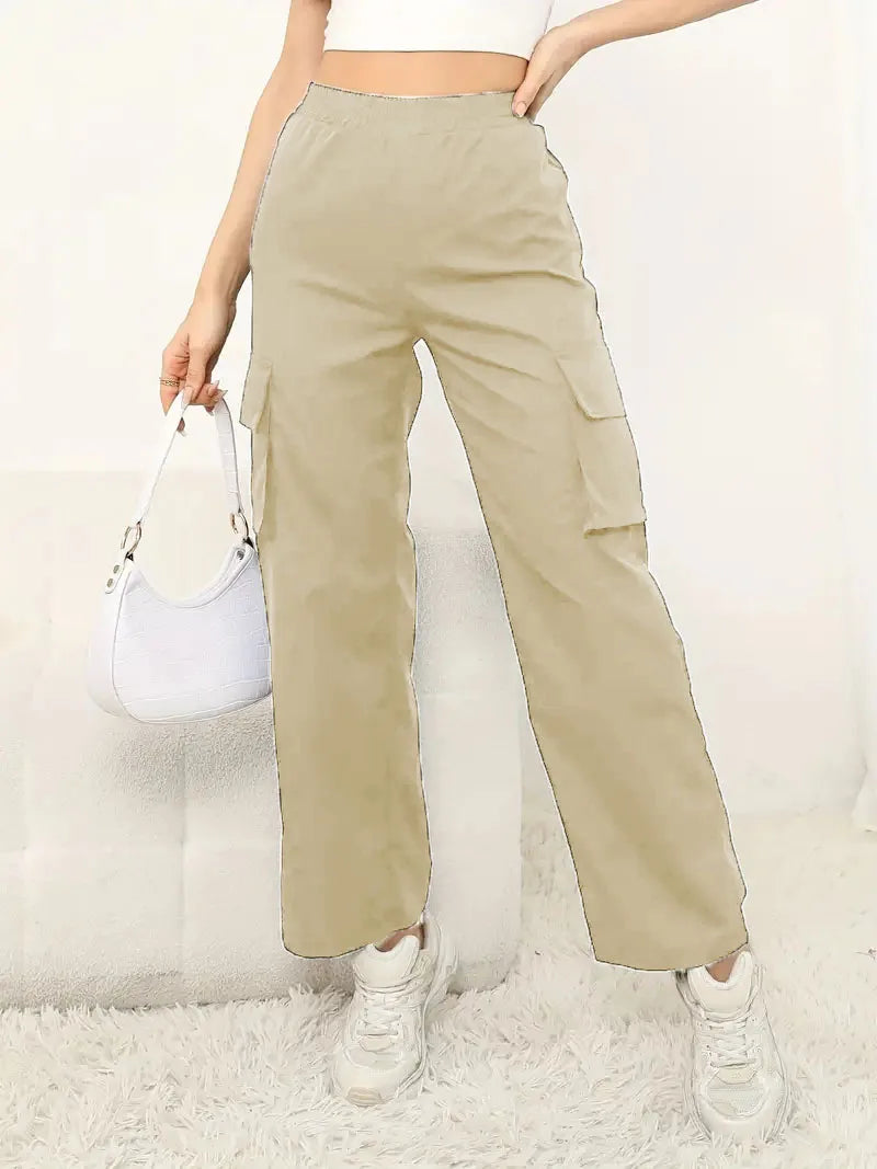 Womens Cargo Pants Regular Fit Polyester Solid High Waist