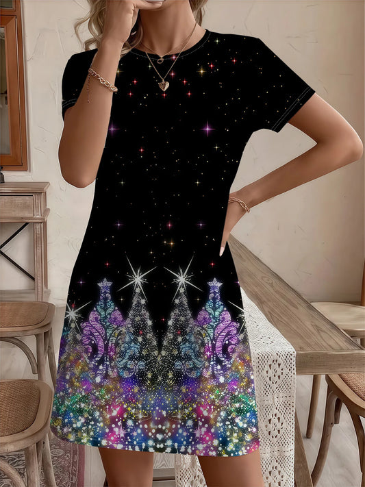 Women's A Line Polyester Christmas Tree Print Short Sleeve