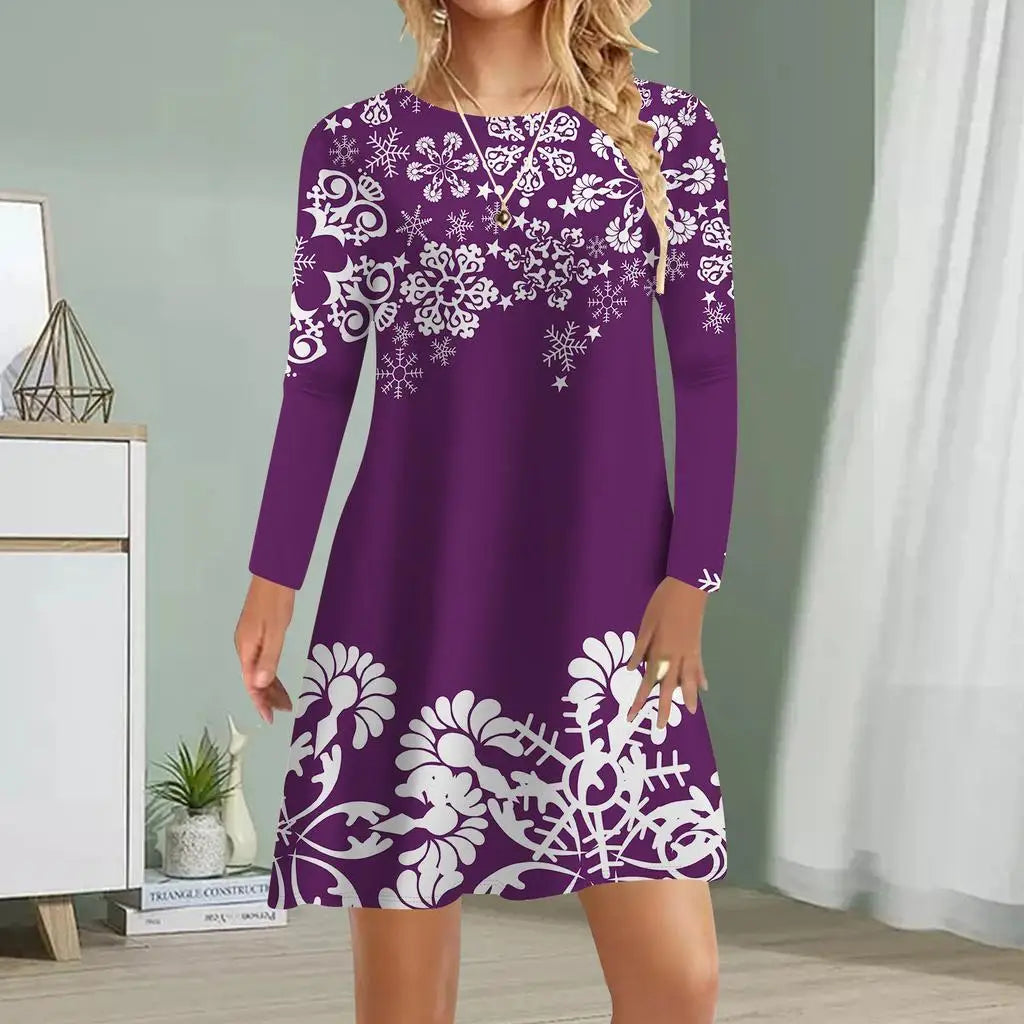 Womens Red Christmas Deer Print Mini Dress Polyester