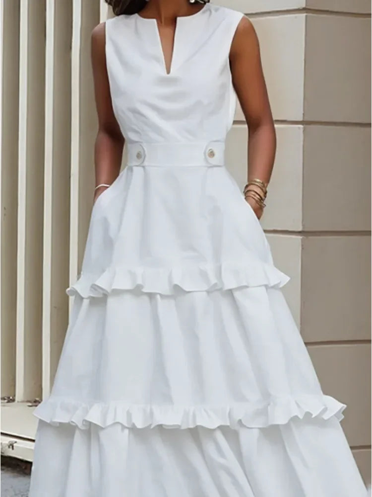 Cotton Blended Summer Dress - High Waist Pleated