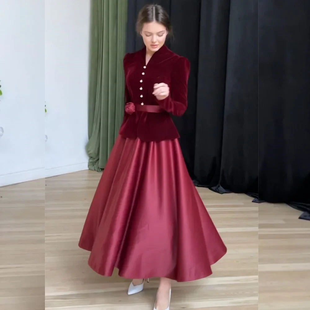 Velour Pearl Sash A Line V Neck Midi Dress Bespoke Occasion