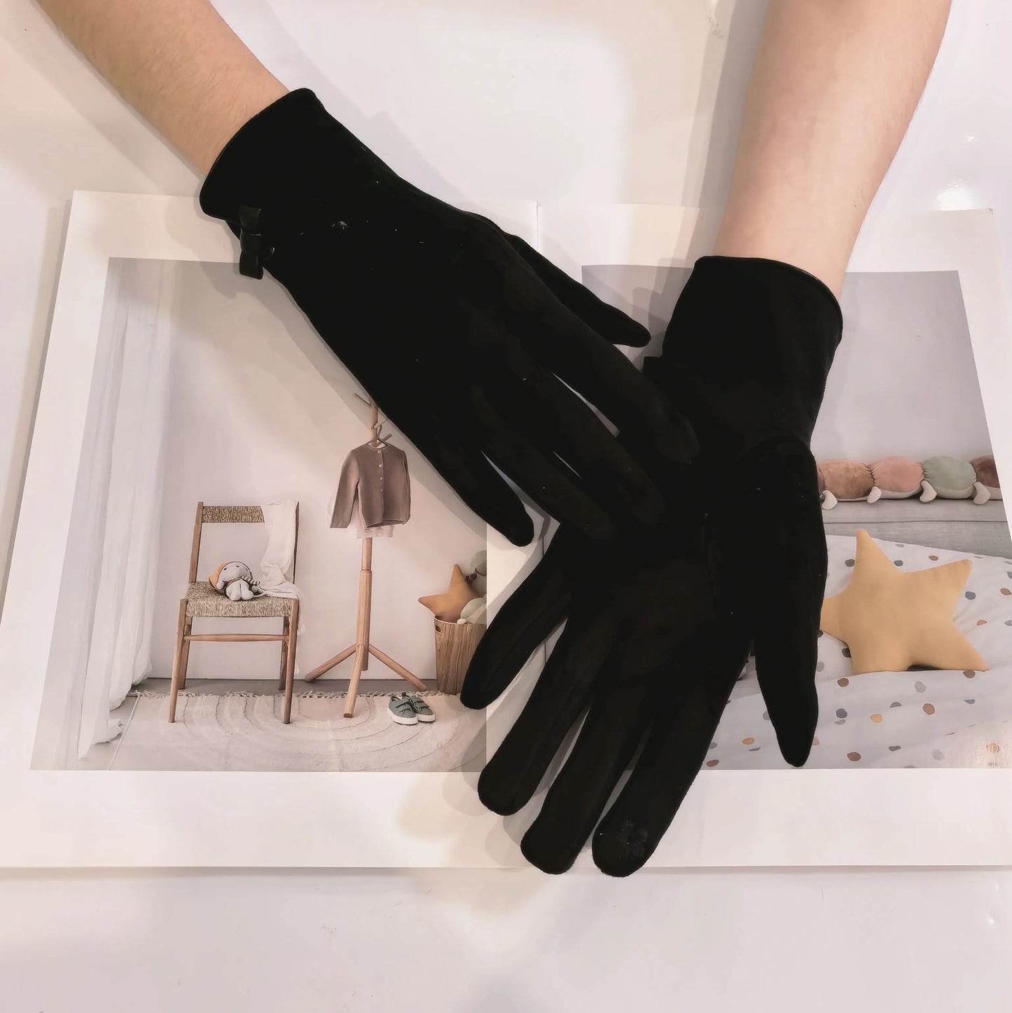 Cotton Polyester Bow Thickened Touch Screen Driving Gloves
