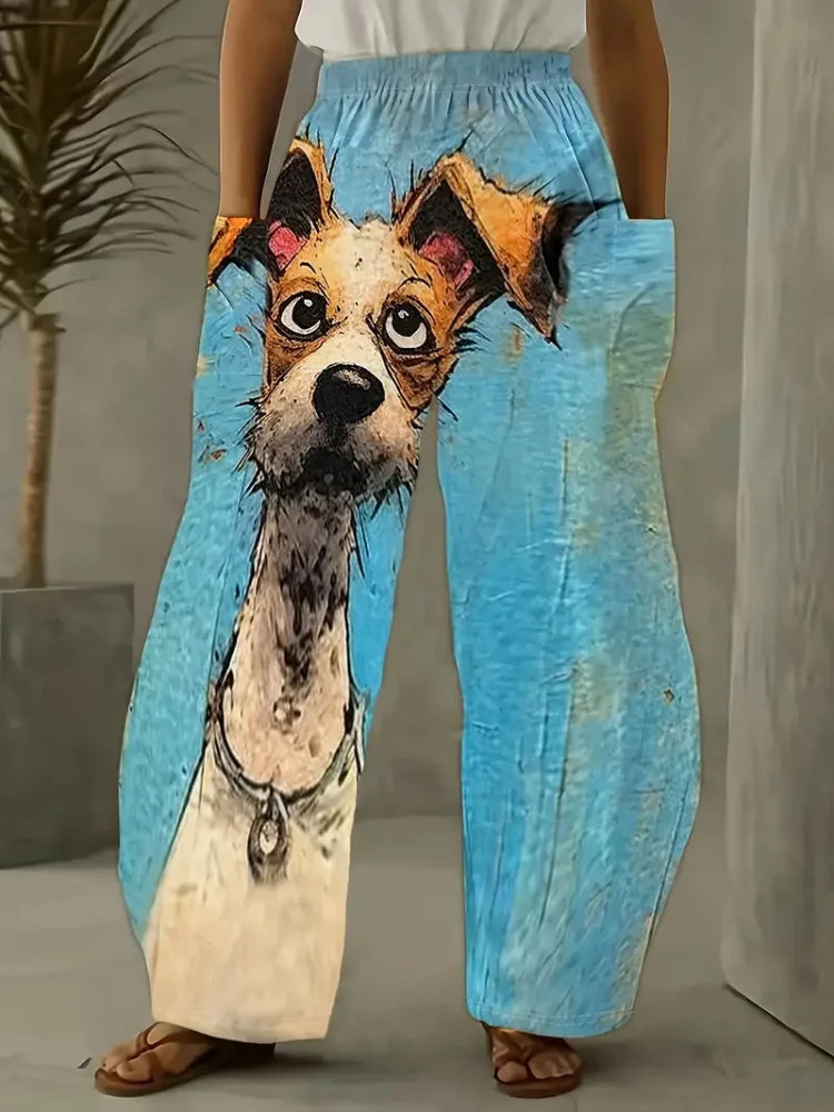 Women's Loose Bloomers Cartoon Dog Animal Print Polyester Pocket