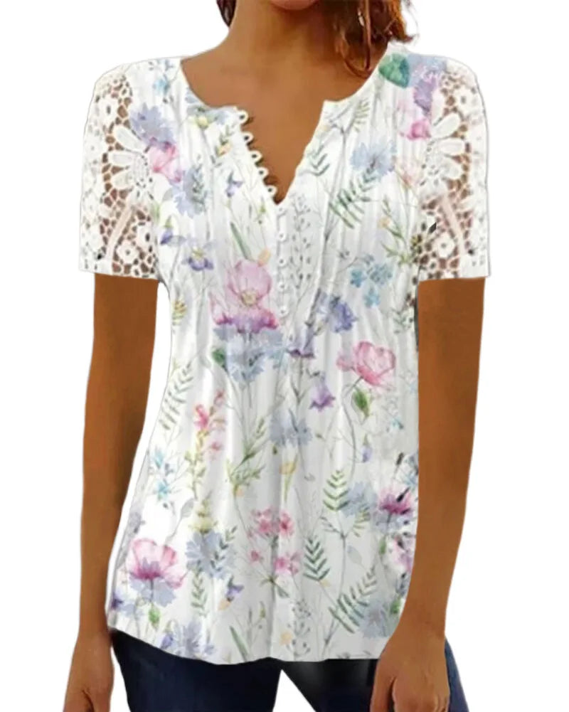 Floral Lace V-Neck Blouse – Loose Fit Summer Short Sleeve Shirt