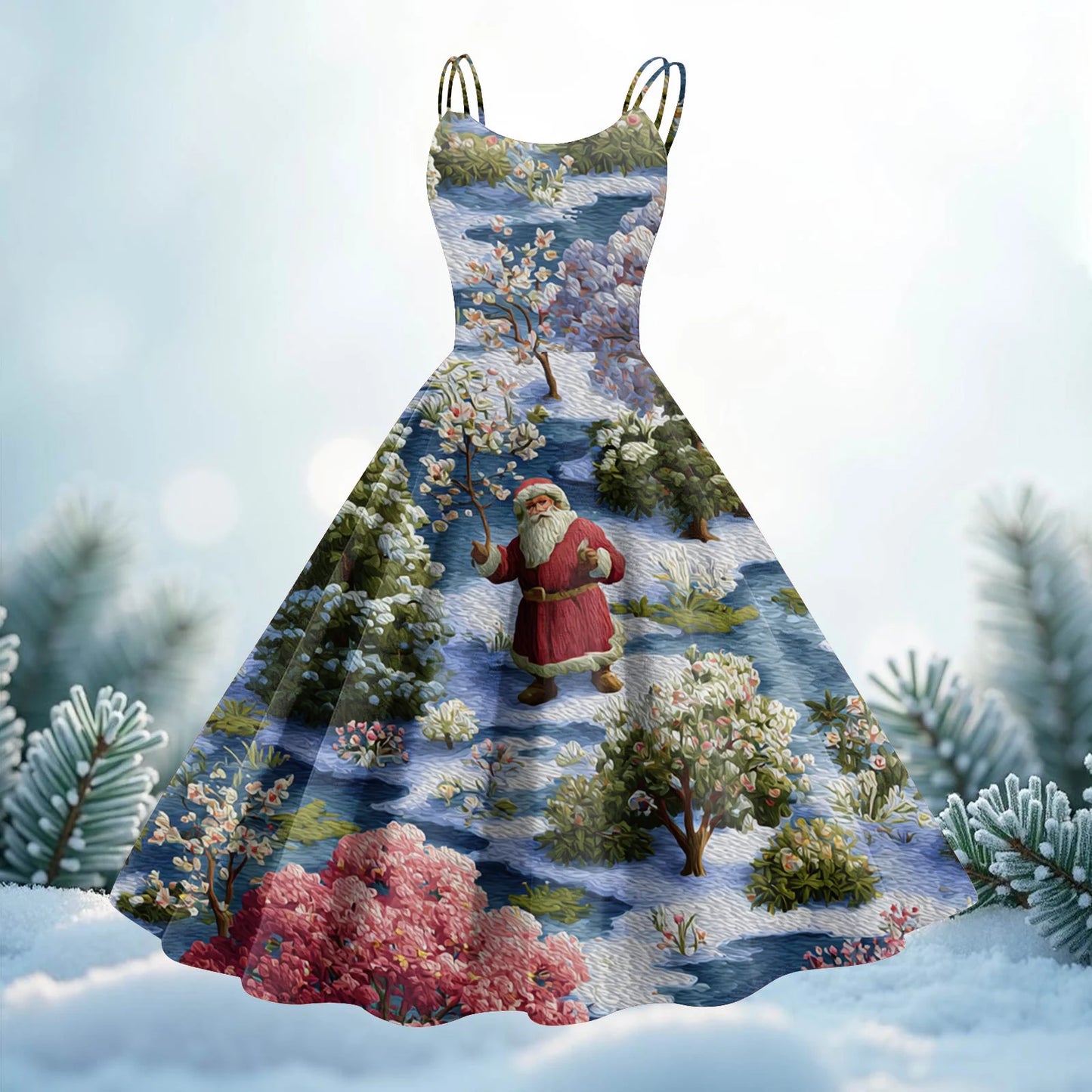 Round Neck Polyester Christmas Print Women's Loose Dress