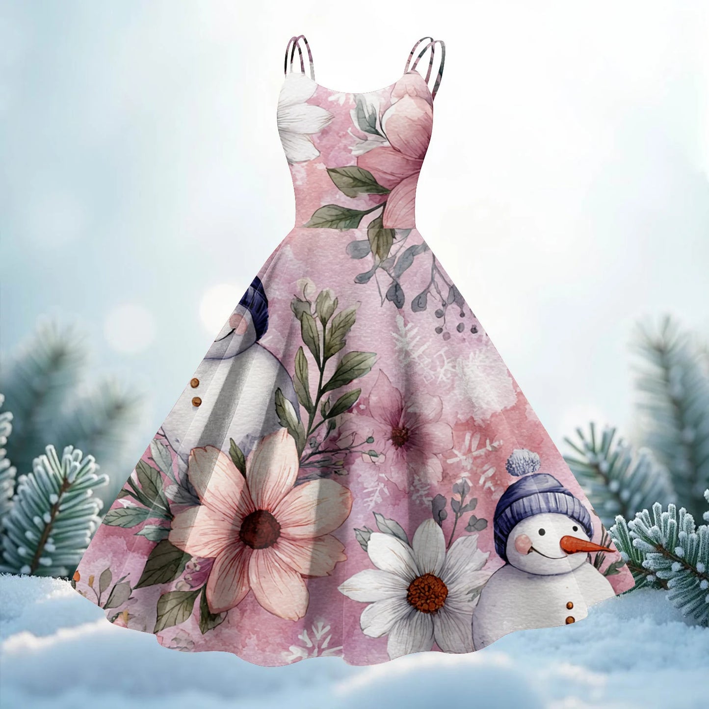 Women Christmas Print Spaghetti Strap Polyester Dress