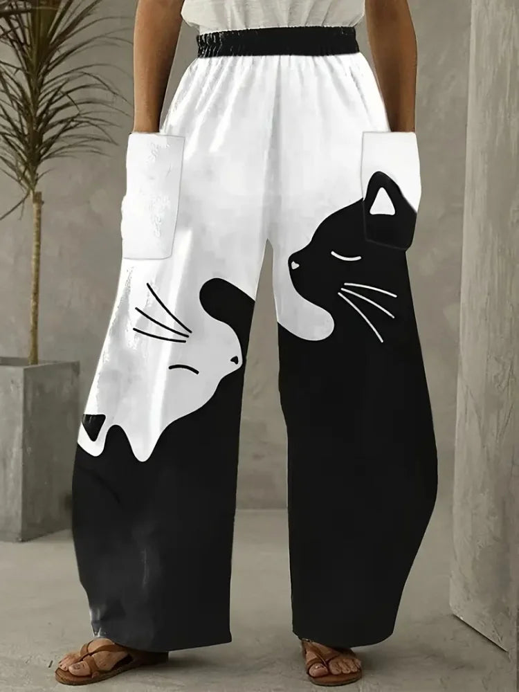 Women's Loose Bloomers Cartoon Cat Print Polyester Pants