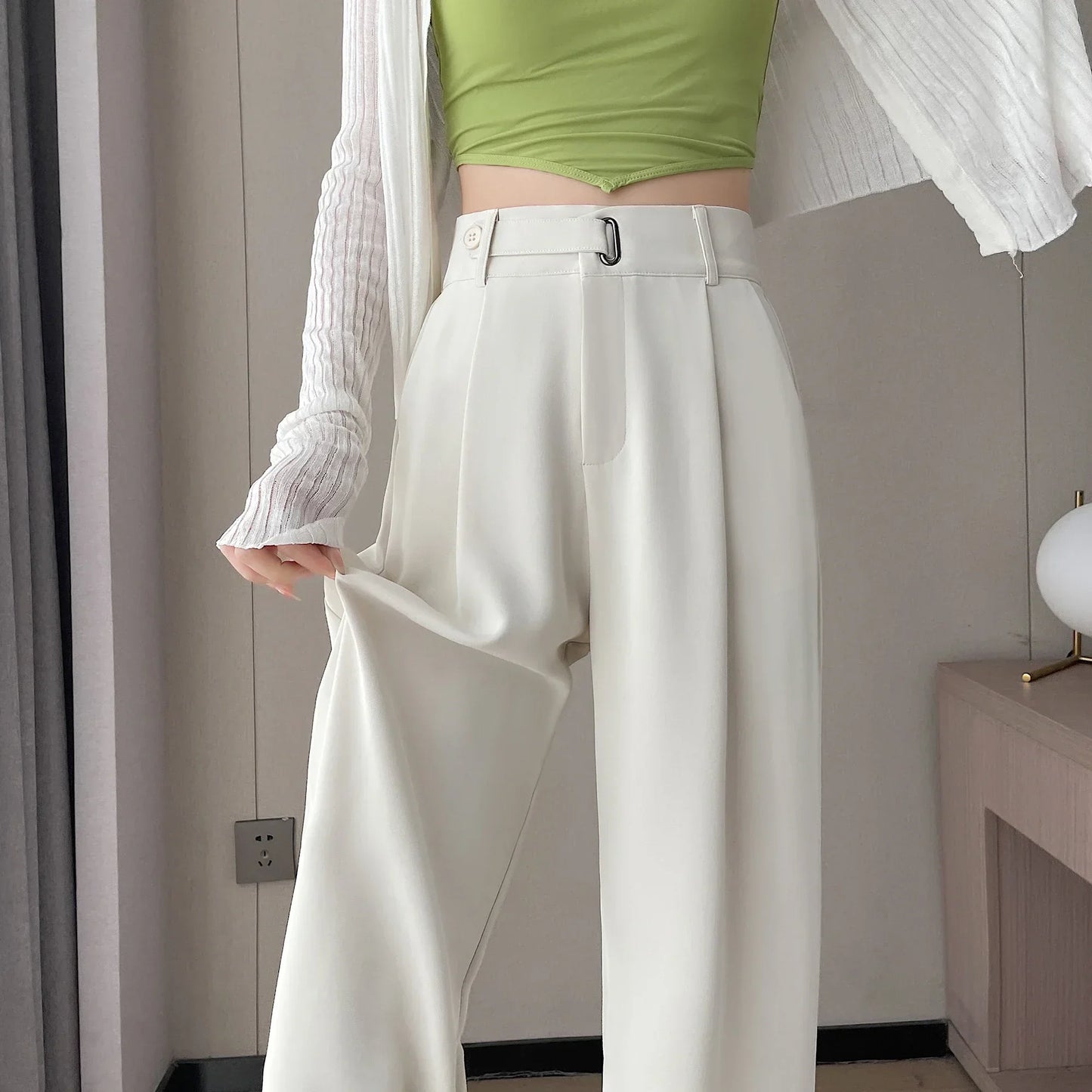 Womens Wide Leg High Waist Solid Polyester Spandex Regular