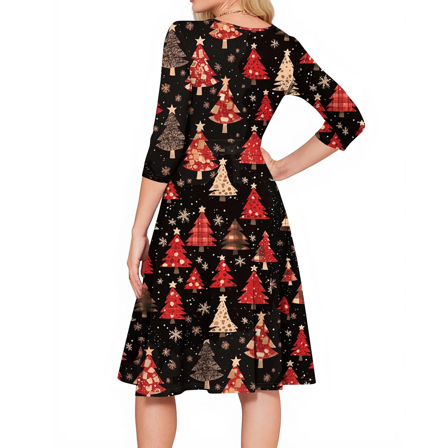 Women's A Line O Neck Polyester Dress Christmas Print Slim