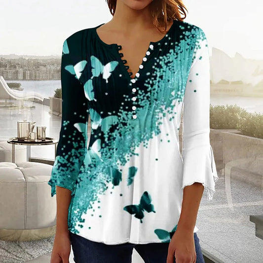Women’s Casual Butterfly Print Shirt – Short Sleeve Pullover