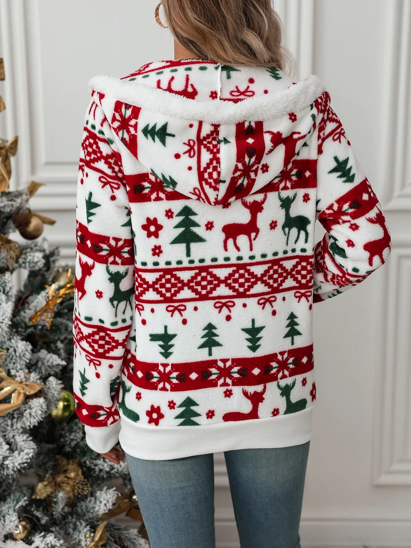 Christmas Print Plush Winter Cardigan Warm Long Sleeve Jacket