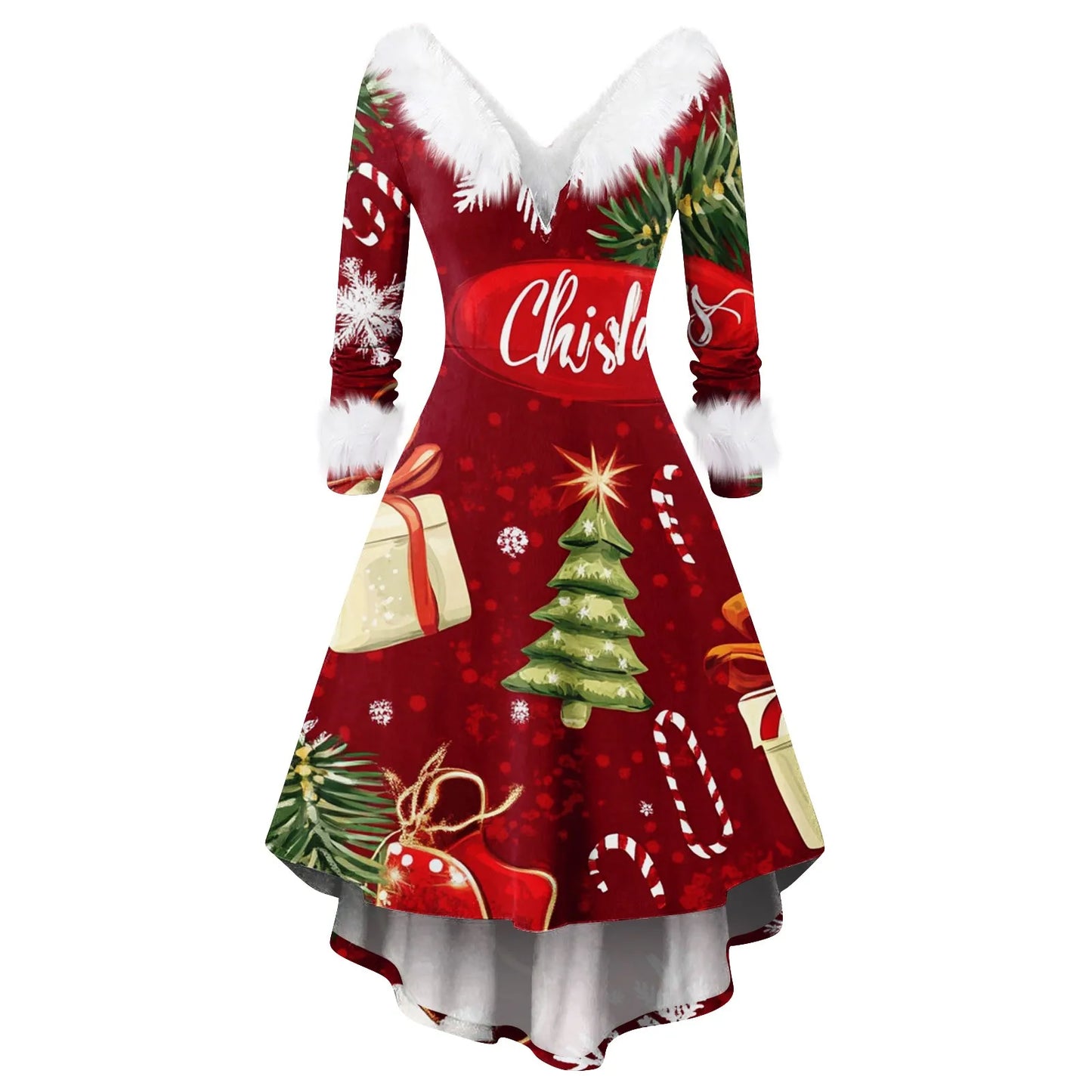 Women's Spliced Christmas Furry A Line Knit Dress Regular