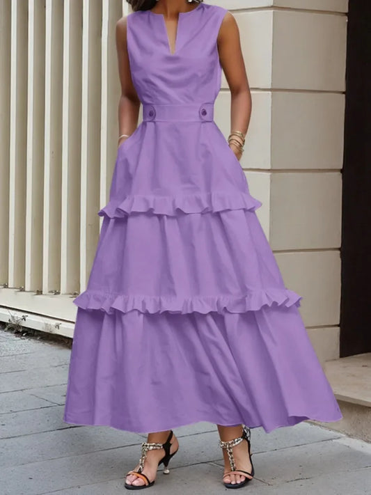 Cotton Blended Summer Dress - High Waist Pleated