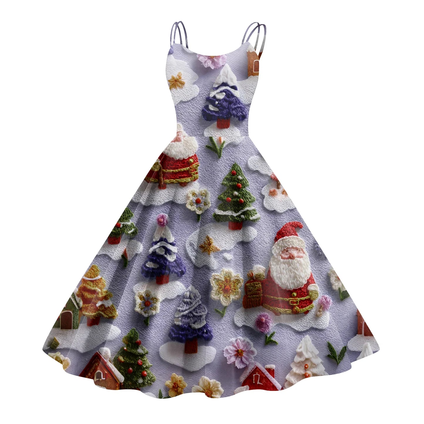 Round Neck Polyester Christmas Print Women's Loose Dress