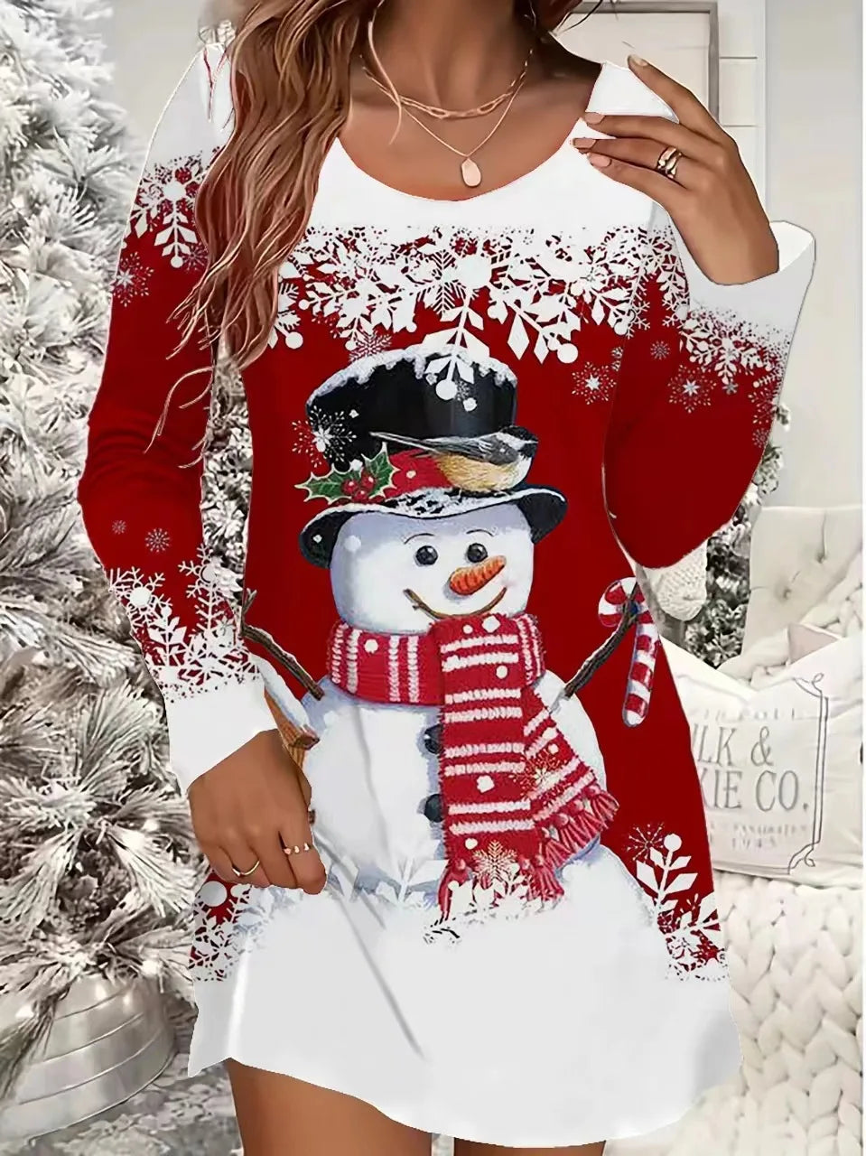 Women's Christmas Casual Snowflake And Christmas Tree Print Dress