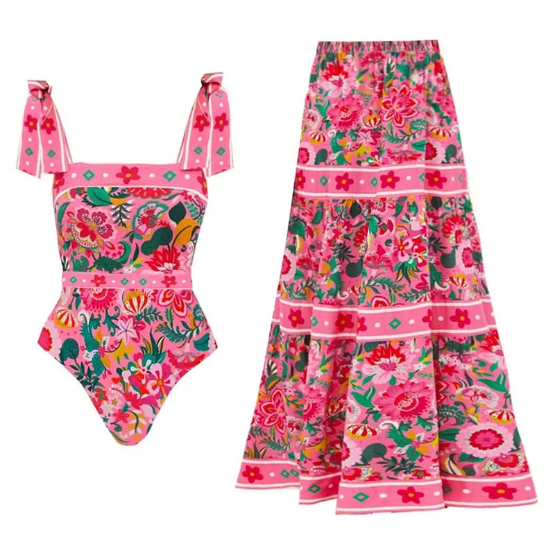 Flower Ruffle Swimsuit With Cover Up V Neck Bikini
