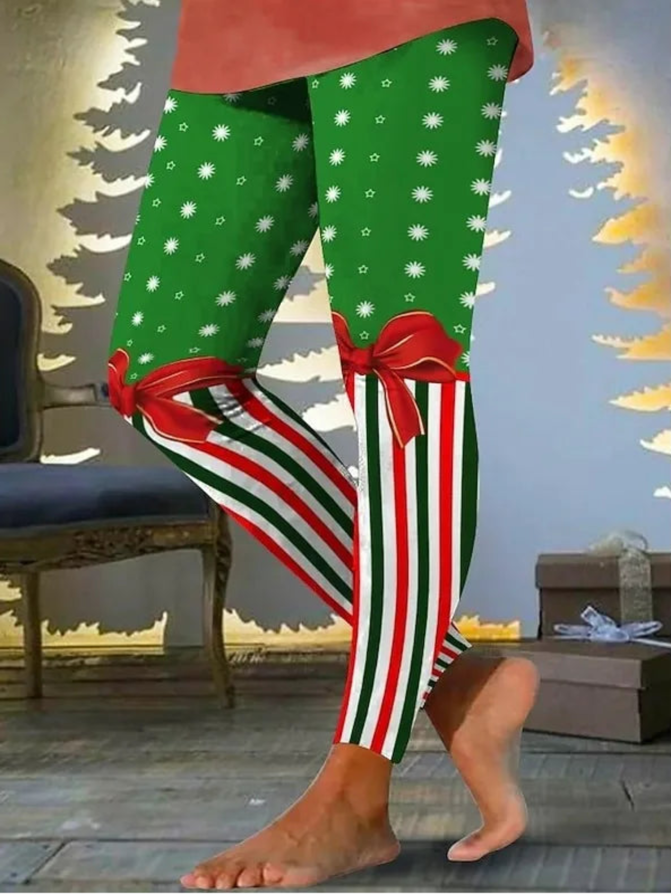 Christmas Santa Candy Cane Print Leggings